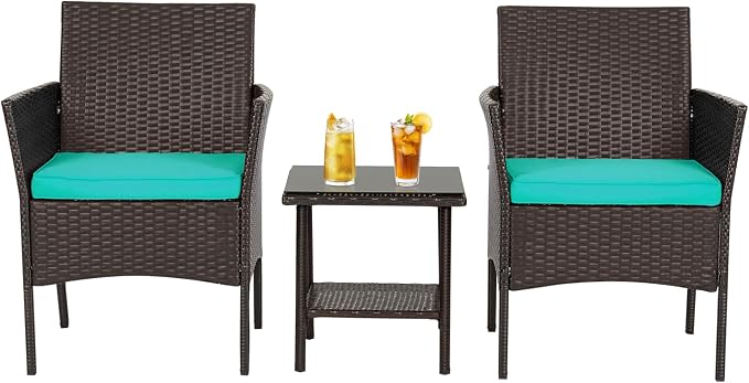 FDW | 3-Piece Patio Furniture Set | Brown & Blue | Outdoor Wicker Furniture by FDW
