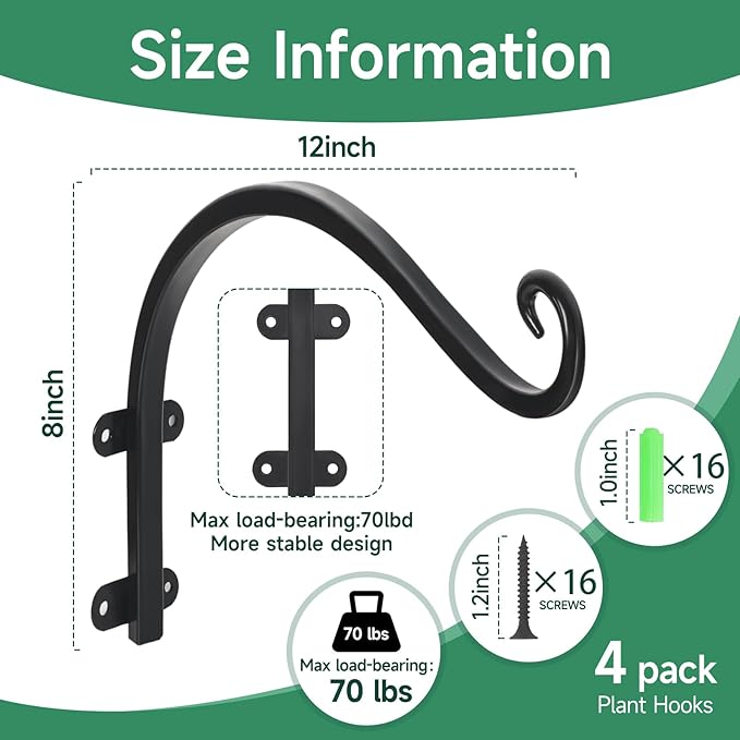 4 Pack 12Inch Plant Hanger, Sturdy Hanging Plant Bracket Hooks Outdoor - Image 2