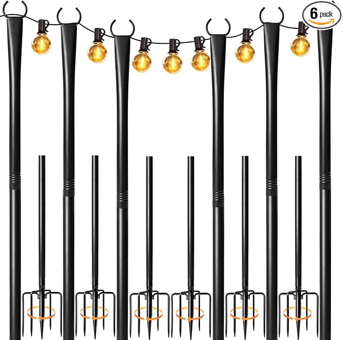 6 Pack String Light Poles for Outside, Heavy-Duty Metal Poles for Outdoor by Nexillumi