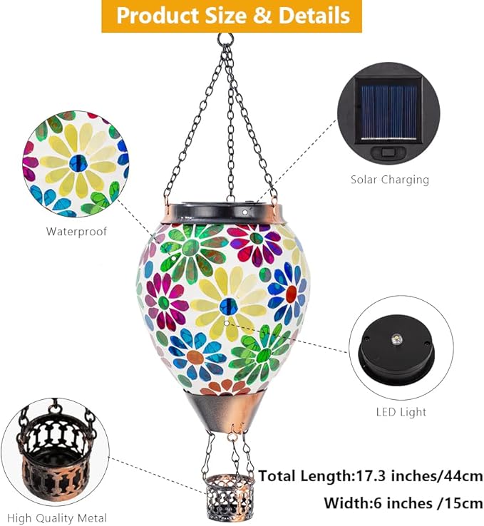 Starsoul Mosaic Flowers Hot Air Balloon Solar Lantern Glass Outdoor Hanging Hot - Image 5