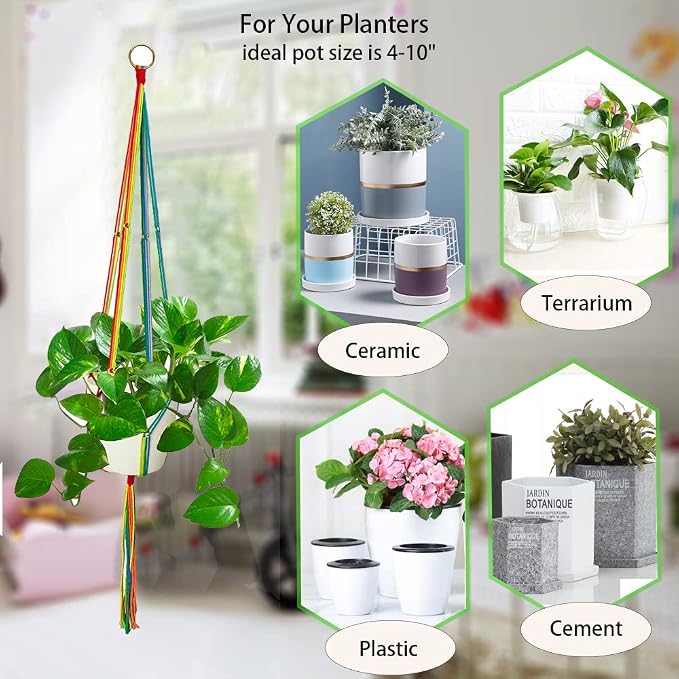 Rainbow Macrame Plant Hangers Indoor Outdoor, 3 Pack Different Size Flower Pot - Image 6