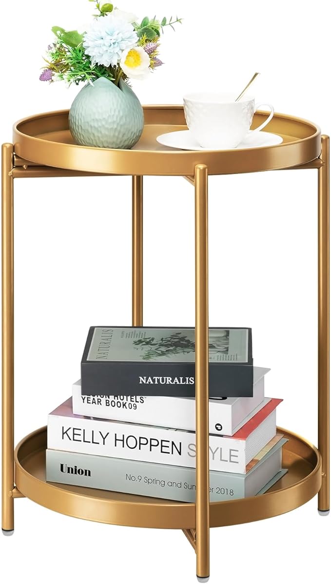 danpinera 2-Tier End Table, Outdoor Side Table Metal Round Side Table by danpinera