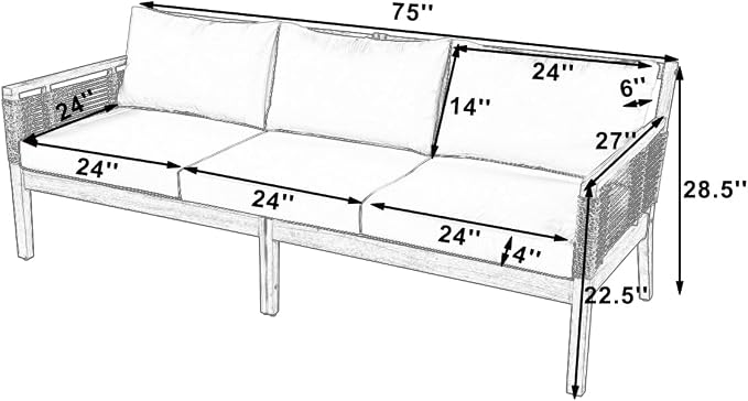 Outdoor Patio Acacia Wood 3-Seater Sofa, Hand Woven Rope Sofa - Image 3