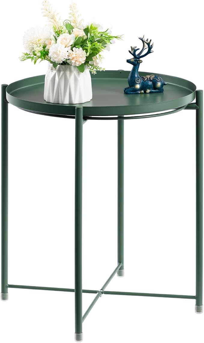 HollyHOME Round Metal Side Table, Outdoor Small Folding Accent Stand by HollyHOME