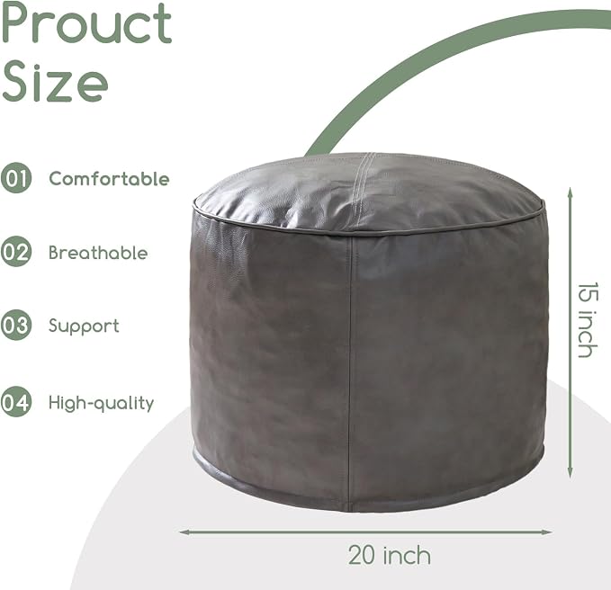 HIGOGOGO Round Stuffed Pouf Ottoman, Pu Leather Poufs - Image 2