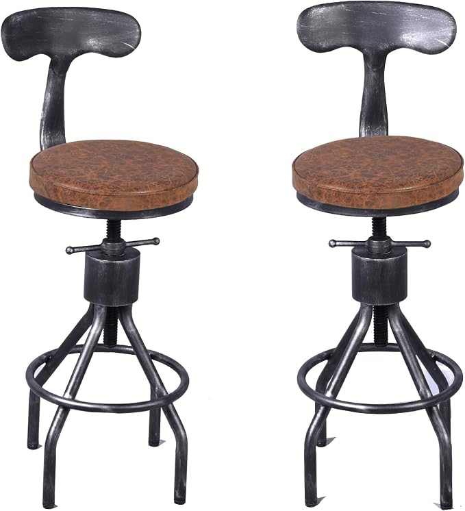 LOKKHAN Set of 2 Industrial Leather Bar Stools-Adjustable Swivel Metal Bar by LOKKHAN