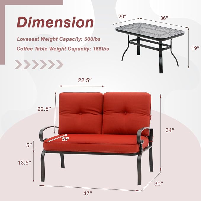 Oakcloud Outdoor 2 Pcs Patio Loveseat Bench Metal Frame Furniture Set - Image 3