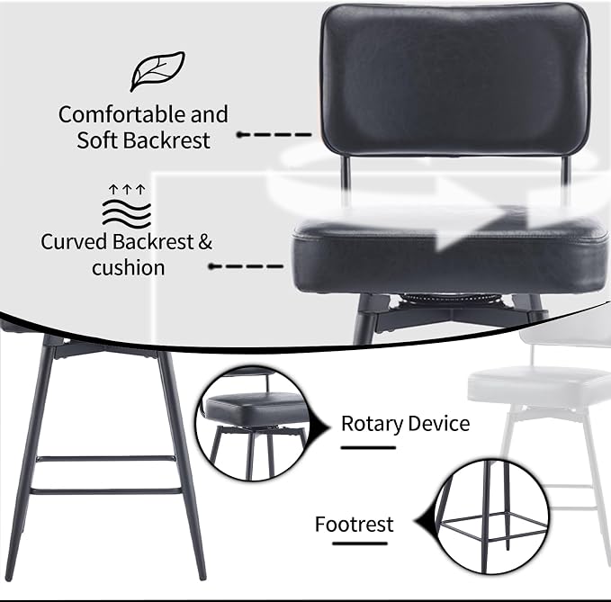 VINGLI 26" Swivel Bar Stools Set of 2, Upholstered PU Leather BarStools - Image 4