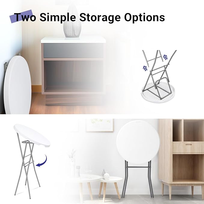 28in Cocktail Table White High Top Folding, Round Portable Bar Height Folding - Image 7