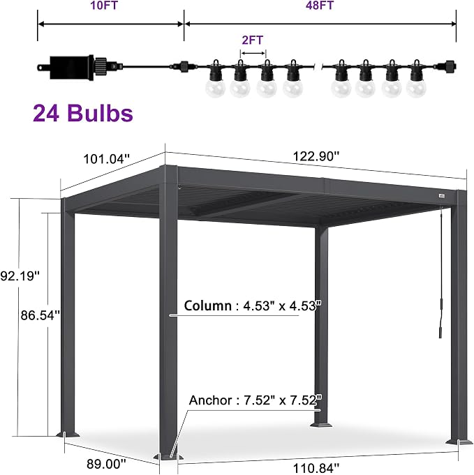 PURPLE LEAF Louvered Pergola w/Light 8' x 10' Aluminum Outdoor Pergola - Image 9