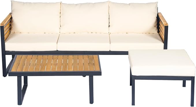 Patio Furniture Set, Outdoor 3-Piece Acacia Wood and Metal Patio Sofa Set - Image 8