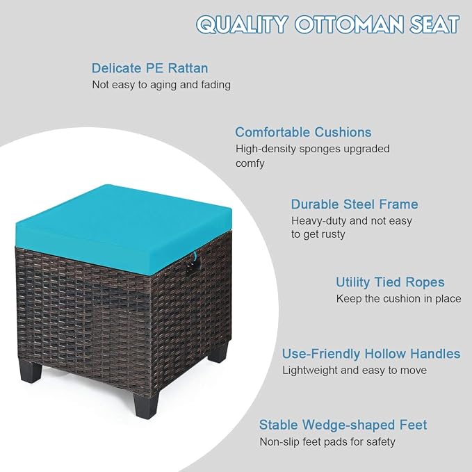 2PCS Patio Outdoor Ottomans, Rattan Wicker Ottoman Seat w/Removable Cushions - Image 7