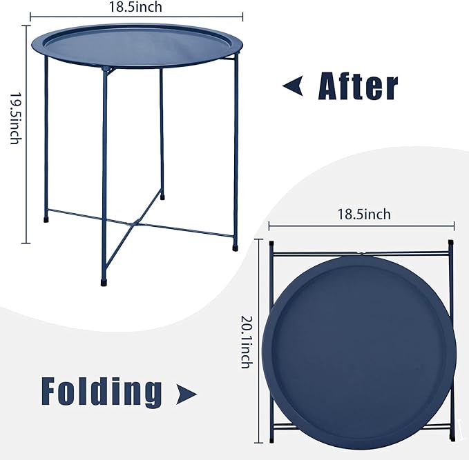 Garden 4 you End Table 2 PCS Metal Side Table Dark Blue Round Folding Tray Cyan - Image 3