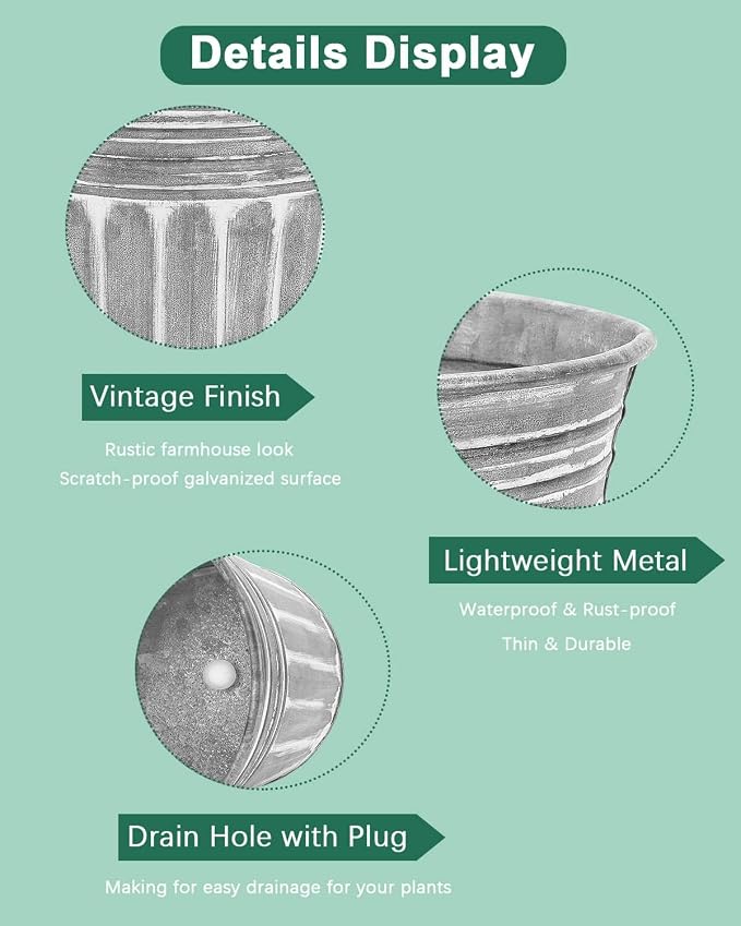 vensovo 9 Inches Silver Metal Rustic Plant Pots - Image 3