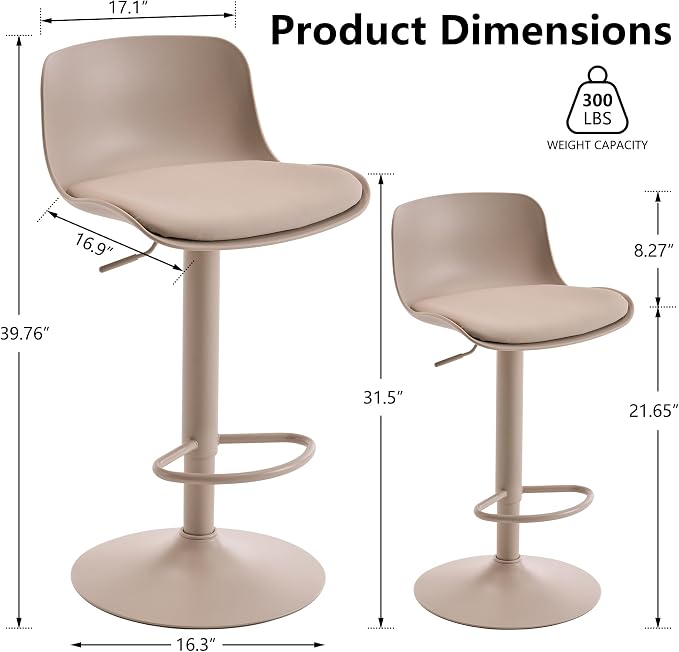 Kidol & Shellder Bar Stools Set of 2 Cream Adjustable Swivel Counter Height - Image 2