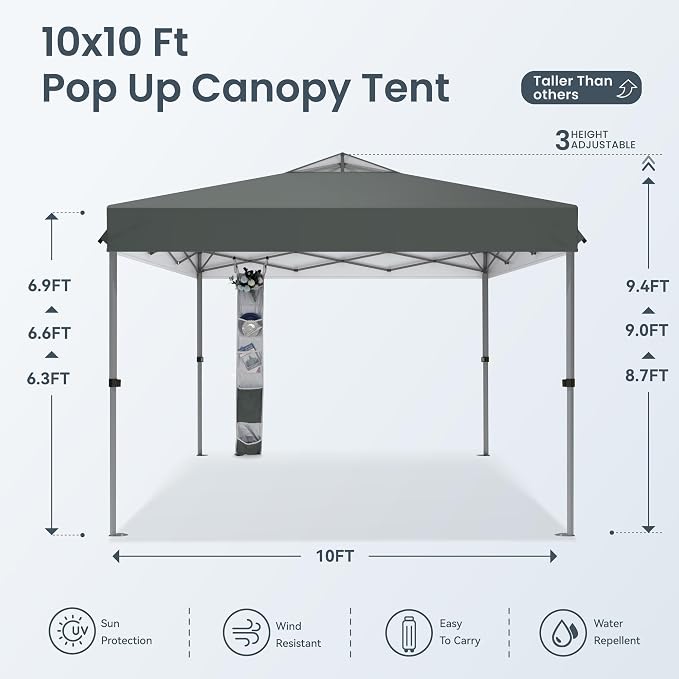 PHI VILLA 10x10ft 1-Person Setup Pop Up Canopy Tent Instant Portable Shelter w/ - Image 7