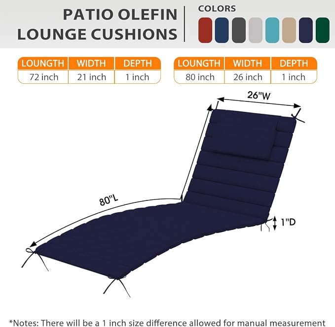 Sundale Outdoor Olefin Quilted Lounge Cushion Set of 2, Patio Foldable Chaise - Image 5