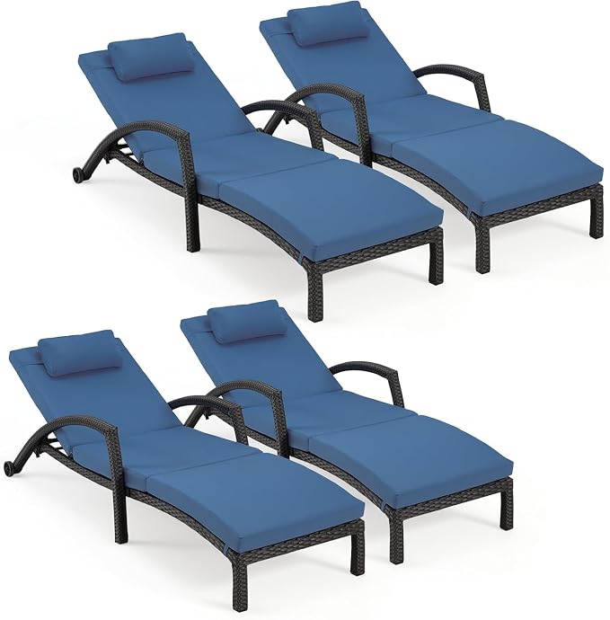 HOMREST Chaise Lounge Chairs Set of 4, PE Rattan Wicker Recliner, Patio Lounge by HOMREST