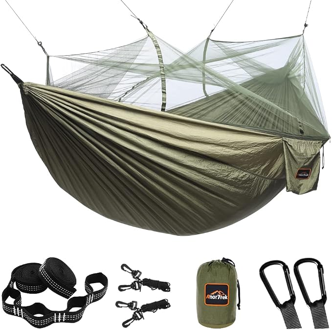 Camping Hammock with Mosquito Net, Double & Single Lightweight Portable by AnorTrek