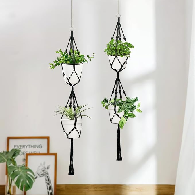 Belit 2 Pack Double Macrame Plant Hangers 2 Tier Hanging Planter Basket - Image 2