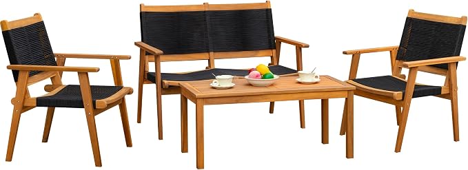 Devoko 4 Pieces Acacia Wood Patio Conversation Sets, Patio Furniture Set by DEVOKO