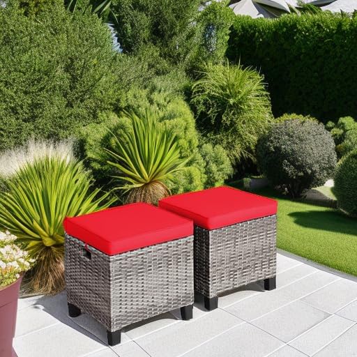 Tangkula 2 Pieces Patio Rattan Ottomans, Outdoor Wicker Footstool Footrest Seat - Image 6