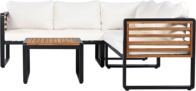 4 Pieces Outdoor Patio Conservation Set, Metal and Wood Frame Sectional - Image 3