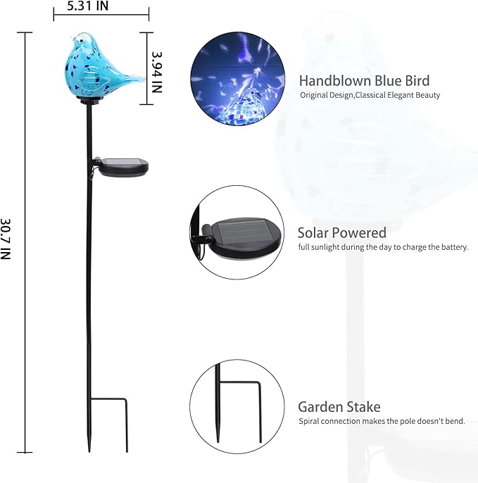 Bshine Solar Garden Decoration Outdoor Bluebird Lights, Hand Blown Glass - Image 2