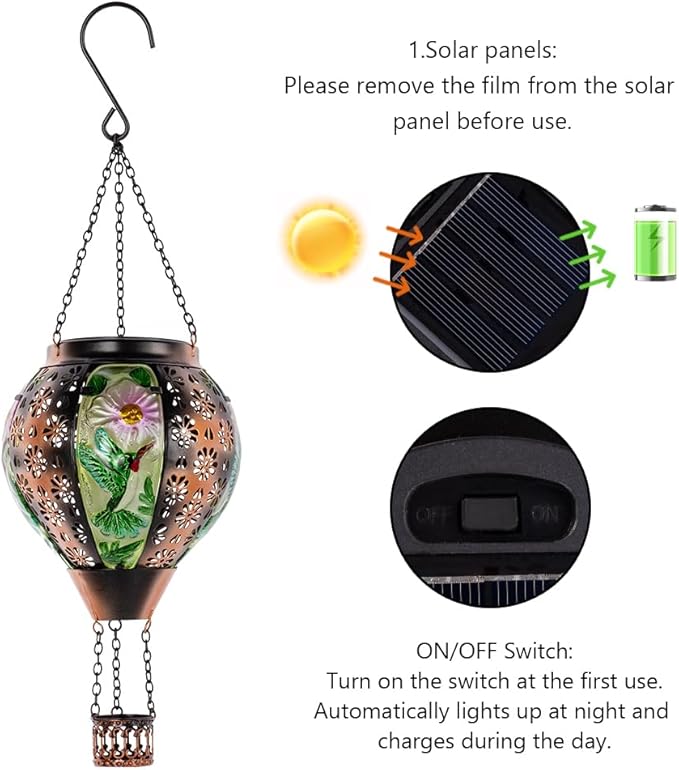DREAMSOUL Hummingbird Hot Air Balloon Solar Lantern, Metal & Glass Flickering - Image 6