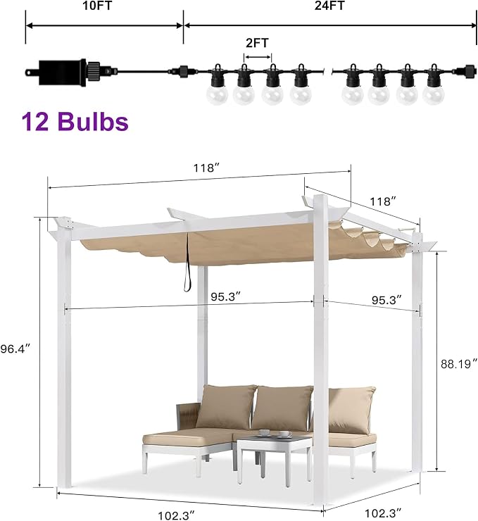 PURPLE LEAF 10' x 10' Outdoor Aluminum Pergola White Heavy-Duty Retractable - Image 5