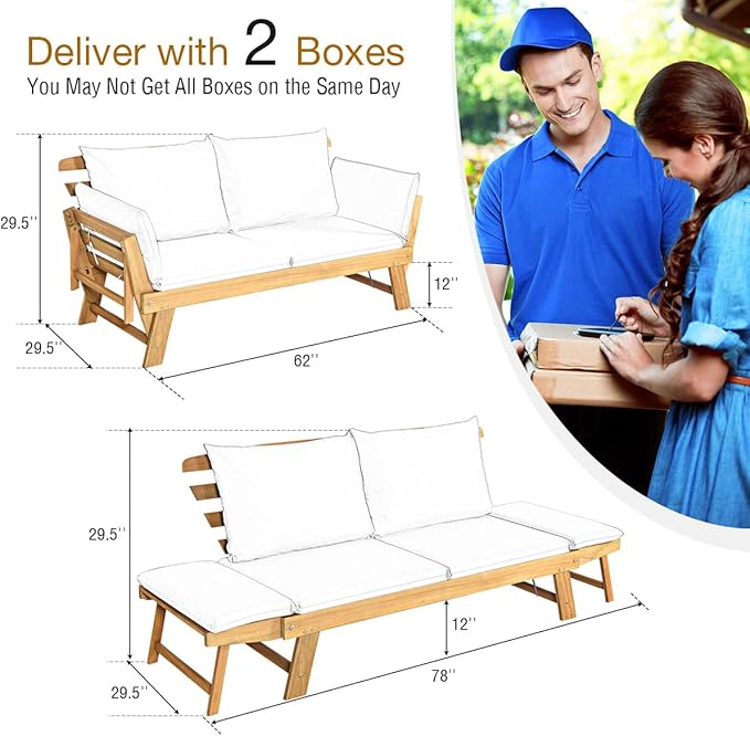 Tangkula Convertible Acacia Wood Patio Couch Sofa Bed - Image 3