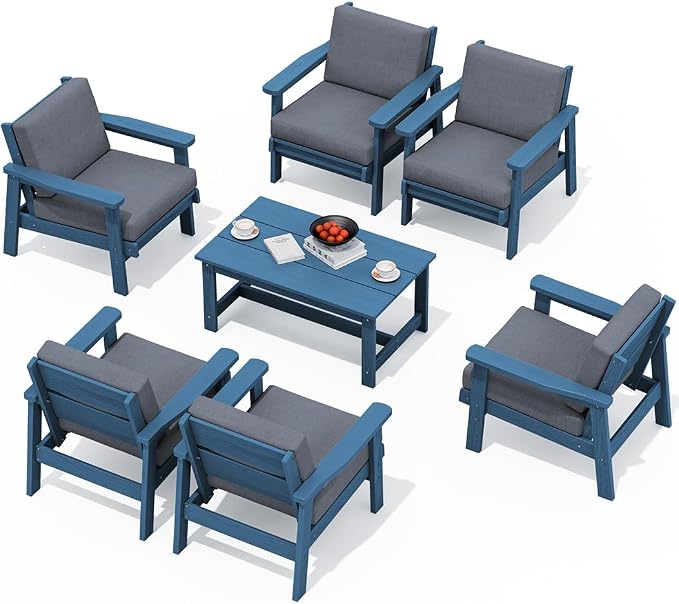 SERWALL HDPE Outdoor Furniture Set, 7 Piece All Weather Wood-Like Outdoor Sofa by SERWALL
