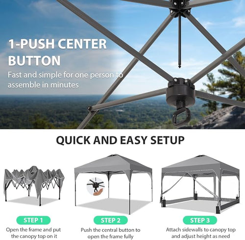 10x10 FT Pop Up Canopy with 4 Clear PVC Sidewalls, Instant 1-Button Push Canopy - Image 2
