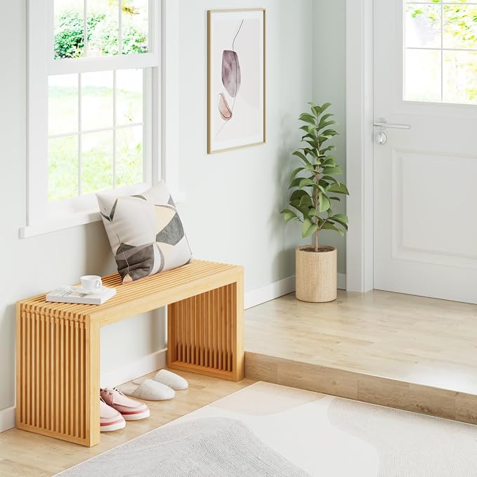 Bamboo Dining Bench Indoor Long Entryway Shoe Rack Benchs, Outdoor Modern Wood - Image 5
