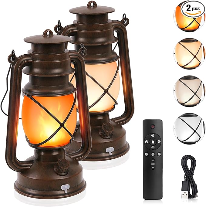 2 Pack Vintage Lantern Flickering Flame Rechargeable LED Retro Camping Lights 4 by KINGLEAD