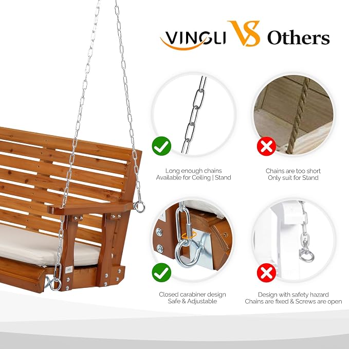 VINGLI Heavy Duty 880 LBS Patio Wooden Porch Swing Outdoor - Image 4