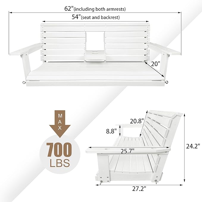 Poly Lumber 3-Seat Porch Swing, HIPS 5-Feet Bench Swing - Image 2