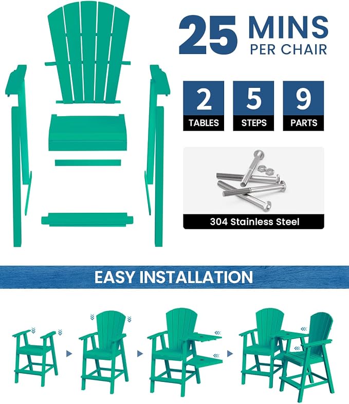 Ciokea Tall Adirondack Chairs Set of 2, HDPE Outdoor Adirondack Bar Stools - Image 5