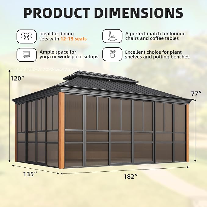 EROMMY 12' X 16' Hardtop Sunroom, Galvanized Steel Double Roof Gazebo Solarium - Image 2