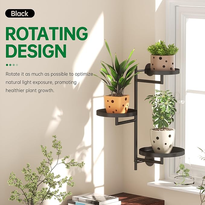 Rotating Window Wall Plant Shelves Stand Holder, 3 Tiered Metal Floating Plant - Image 2