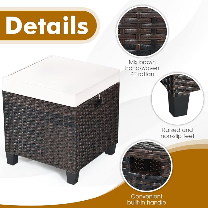 LDAILY Moccha 2 Pieces Patio Outdoor Ottoman, All Weather Rattan Patio Ottoman - Image 4