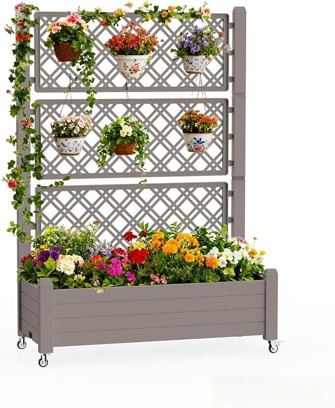 Mobile Garden Planter with Trellis & Lockable Wheels, Outdoor Raised Bed with by EASYUP