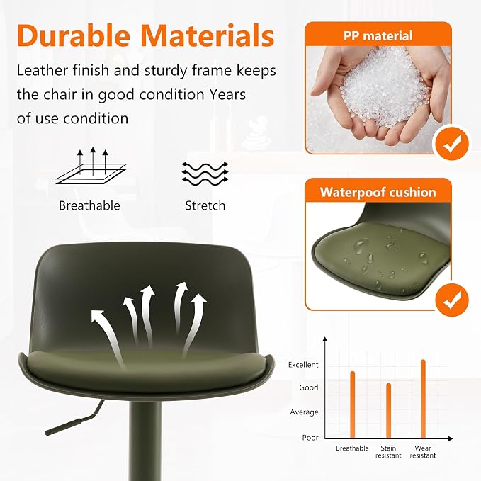 Kidol & Shellder Bar Stools Set of 2 Olive Green Adjustable Swivel Counter - Image 3