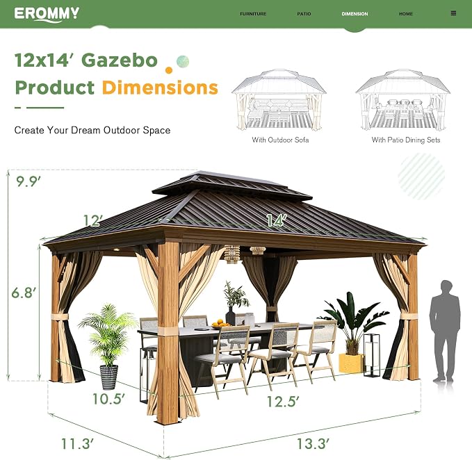 EROMMY 12x14 Gazebo, Wooden Finish Frame Gazebos - Image 4