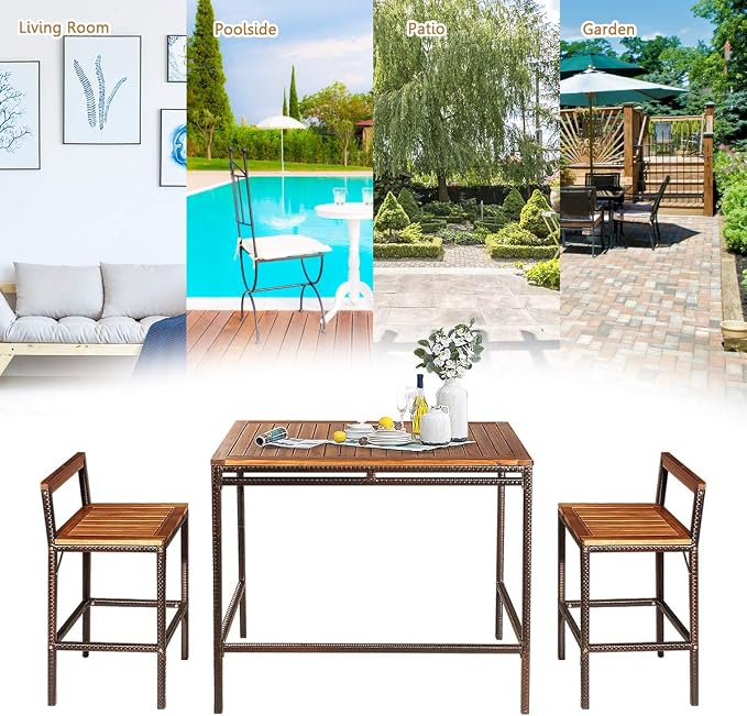 HAPPYGRILL 3 Pieces Outdoor Wicker Rattan Bar Set, Acacia Wood Patio Dining - Image 6