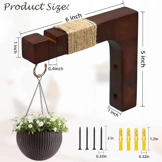 Plant Hanger Hooks for Indoor Hanging Plants, 2 Pack Rustic Farmhouse Wooden - Image 2
