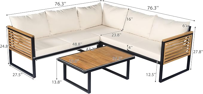 Outdoor Patio Furniture Set, 4-Piece Acacia Wood and Metal Patio Sofa Corner Set - Image 3