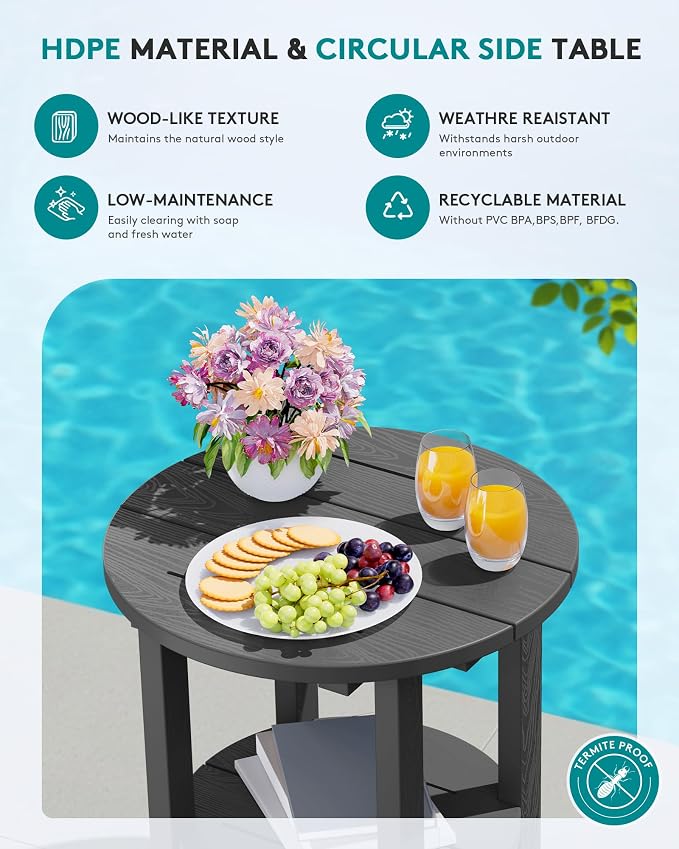 SERWALL Round Outdoor Side Table, HDPE Small Adirondack End Table, 2-Tier Patio - Image 4