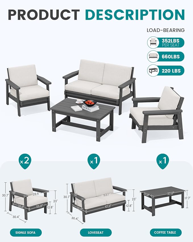 SERWALL HDPE Outdoor Furniture Set 4, All Weather Wood-Like Outdoor Sofa - Image 3
