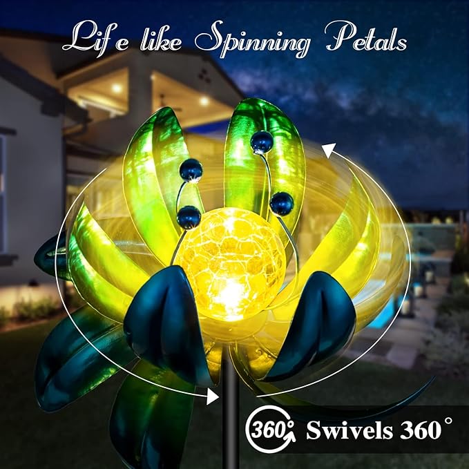 Solar Garden Lights Metal Flower Decor, Colorful Spinning Windmill Lotus - Image 3